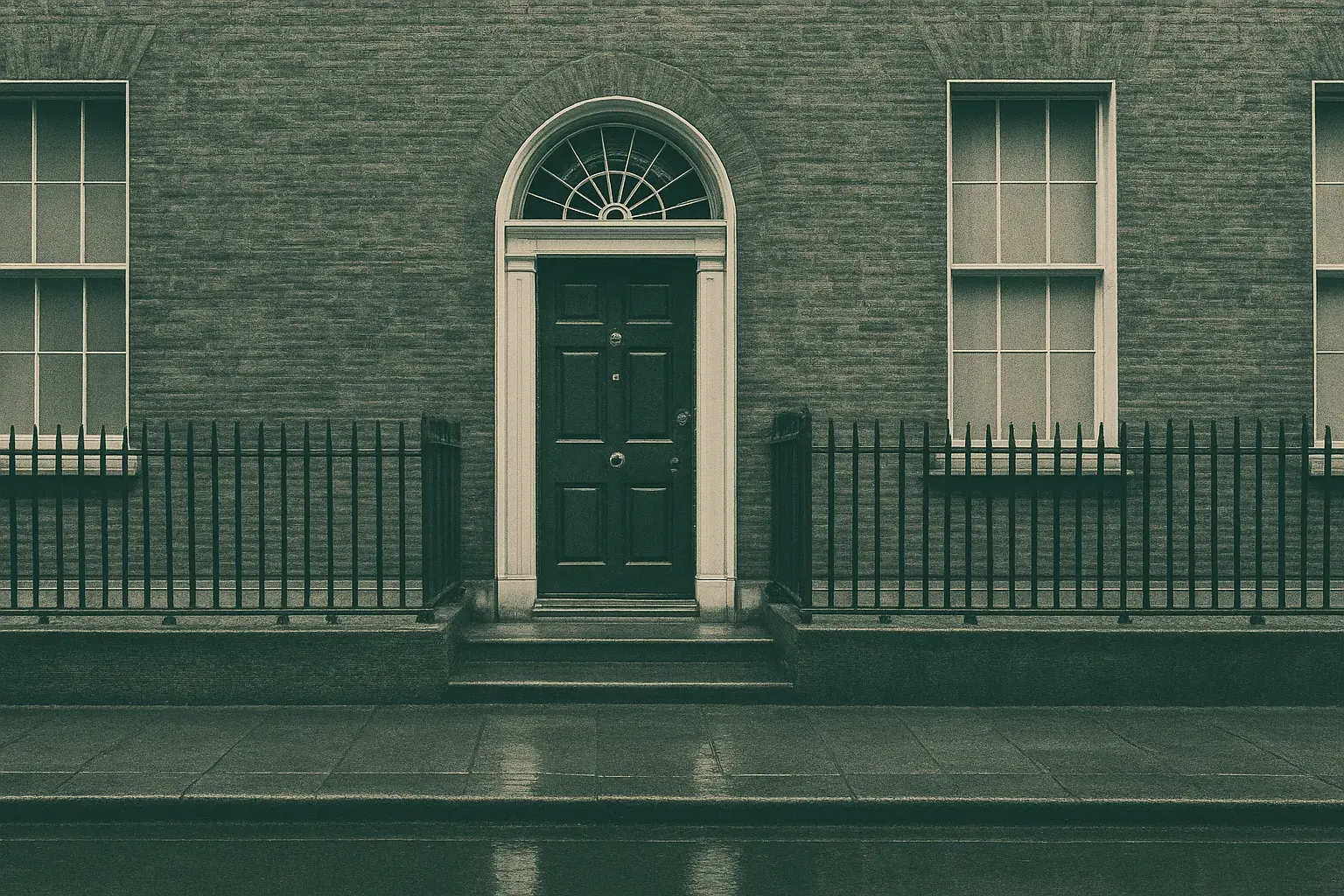 A Georgian front door on a rain-dark Dublin street.
